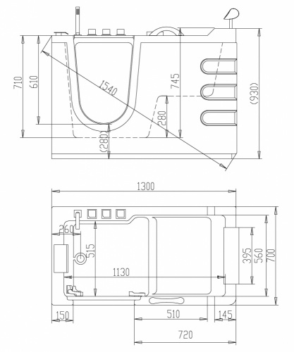 Акриловая ванна ABBER AB9000 C L 130х70х93 белый