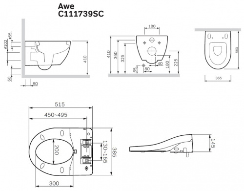 C111739SC Awe подвесной унитаз с электронной крышкой биде Clean Care