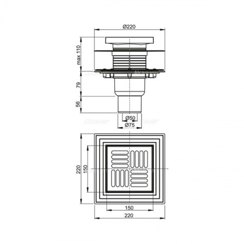 Сливной трап AlcaPlast APV4444 150x150/50/75 гидрозатвор мокрый/сухой