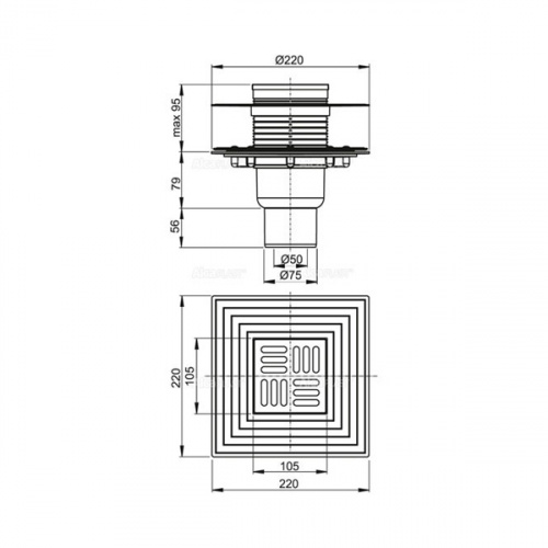 Сливной трап AlcaPlast APV4344 105x105/50/75 гидрозатвор мокрый/сухой