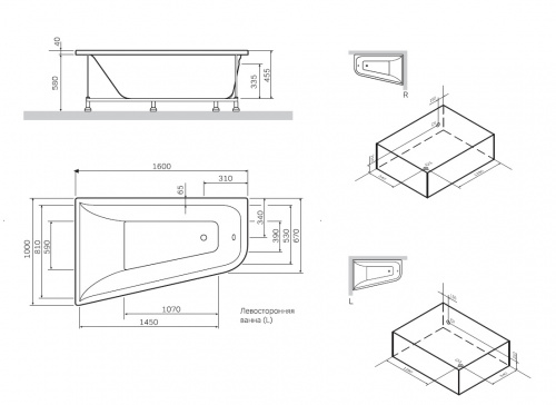 W72A-160L100W-A2 Ванна акриловая spirit  ассиметричная 160x100, без слива/перелива, левосторонняя
