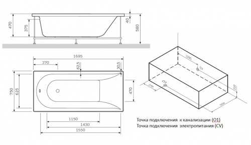 W5AW-170-075W2D64 Inspire, ванна гидромассажная Evo Plus 170*75 на каркасе, без фронтальной панели