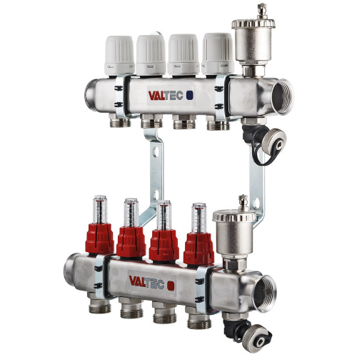 Коллекторная группа Valtec НЕРЖ со встр. расх. в сборе, 1"х6 вых. Евроконус 3/4"